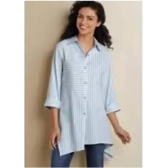 Soft Surroundings Blue White Striped Asymmetrical Handkerchief Hem Tunic Shirt M - Picture 2 of 12